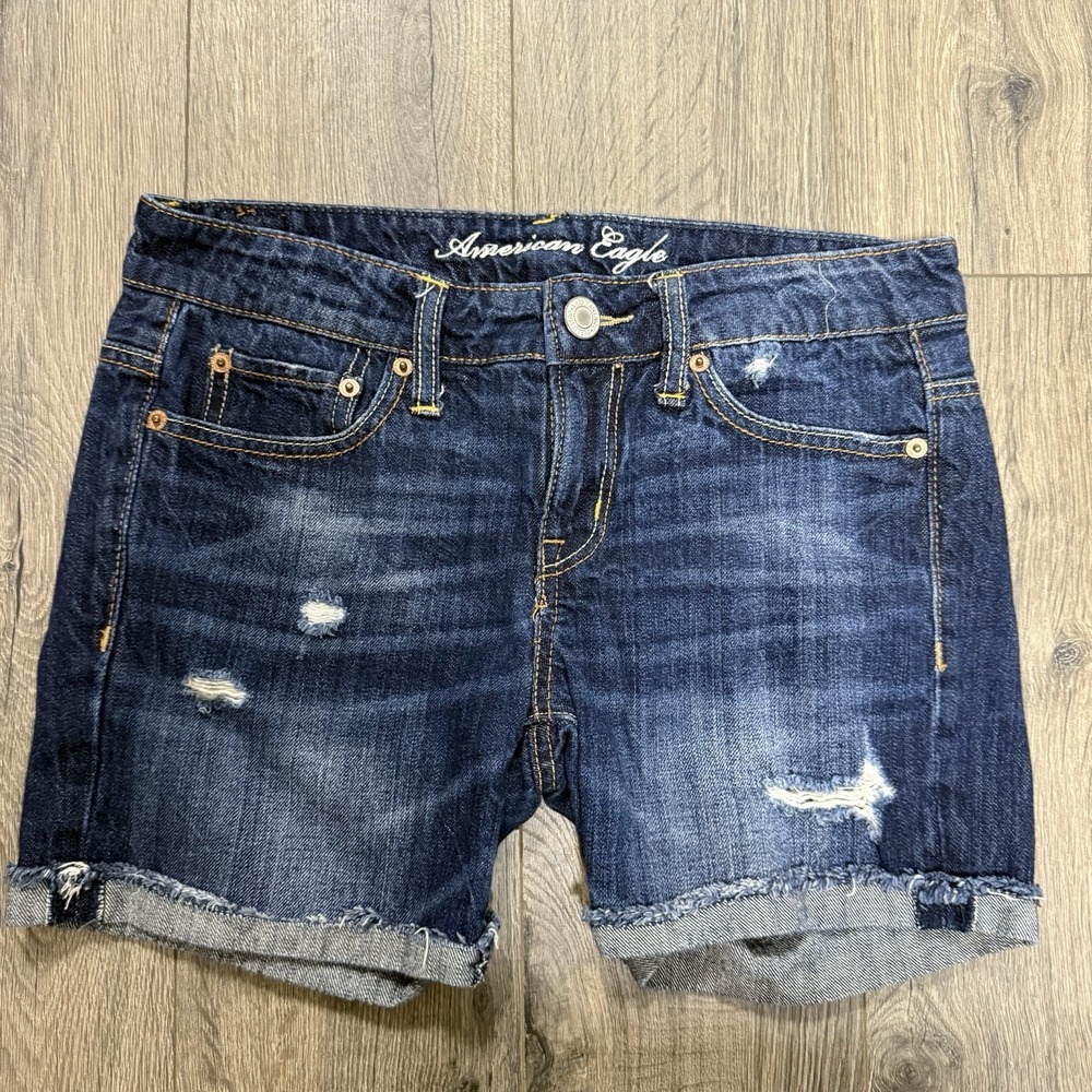 American Eagle Denim Shorts Womens 0 Dark Blue Excellent Distressed Cuffed Hem